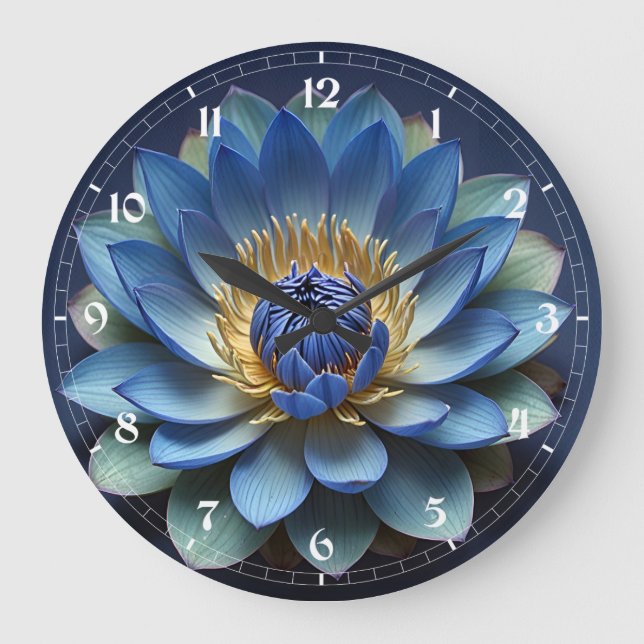 Reloj Redondo Grande Arte espiritual de flor azul Lotus (Anverso)
