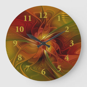 Reloj Redondo Grande Arte floral fractal abstracto rojo naranja marrón 
