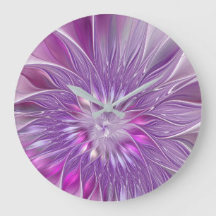 Reloj Redondo Grande Arte fractal abstracto de flor apasionada púrpura 