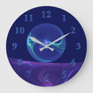 Reloj Redondo Grande Arte fractal abstracto de sueño azul púrpura lumin