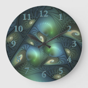 Reloj Redondo Grande Arte fractal abstracto espirales verde beige turqu