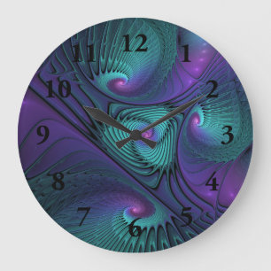 Reloj Redondo Grande Arte fractal abstracto moderno de púrpura y turque