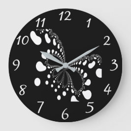 Reloj Redondo Grande Arte fractal de mariposa estilizada en blanco y ne