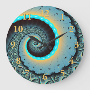 Reloj Redondo Grande Arte fractal en espiral abstracto azul turquesa na