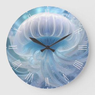 Reloj Redondo Grande Arte Fractal Pastel Blue Jellyfish Debajo Del Mar,