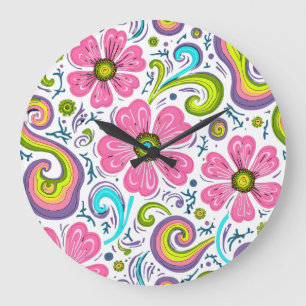 Reloj Redondo Grande Arte gráfico de remolinos florales rosados psicodé