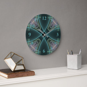 Reloj Redondo Grande Arte gráfico geométrico fractal teal moderno
