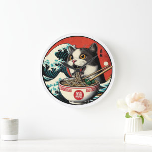 Reloj Redondo Grande Arte Japonés de Ramen de Gato Estilo Vintage