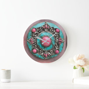 Reloj Redondo Grande Arte metálico con pátina verdigris y perla rosa