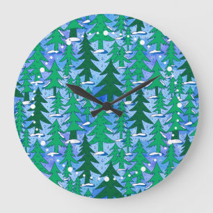 Reloj Redondo Grande Arte Naíf Bosque de Abetos Invernal Verde Azul
