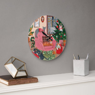 Reloj Redondo Grande Arte navideño de gato lindo