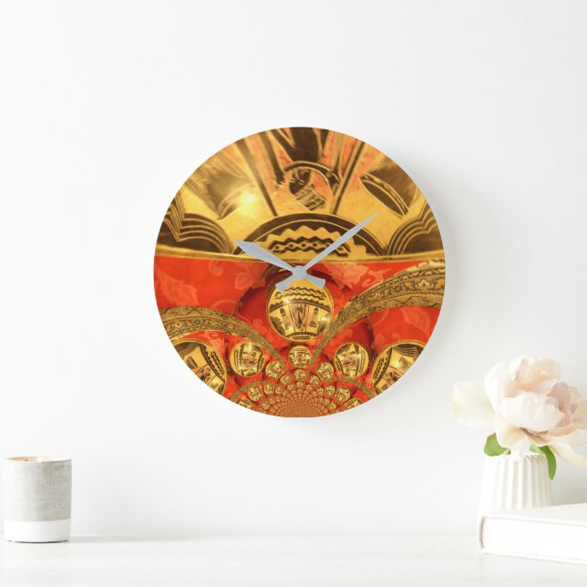 Reloj Redondo Grande Arte tradicional africano rojo dorado (Hogar)