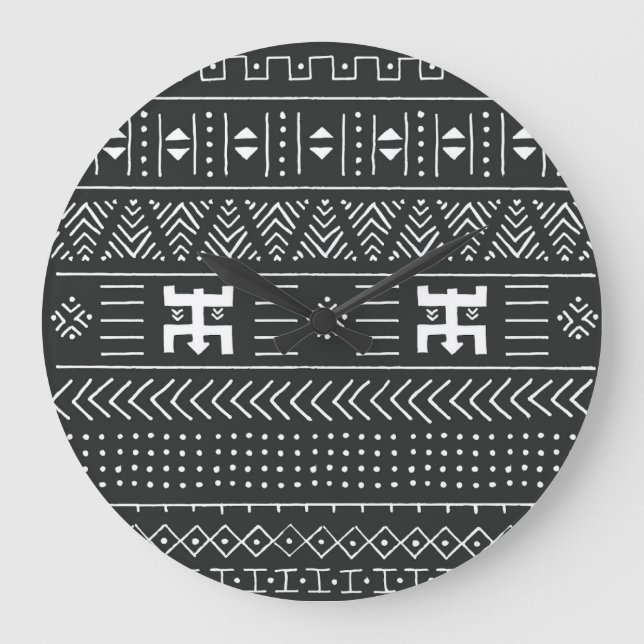 Reloj Redondo Grande Arte tribal africano: blanco y negro geométrico (Anverso)