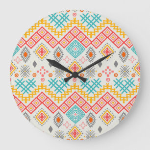Reloj Redondo Grande Arte tribal: huella geométrica boho.