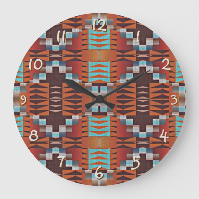 Reloj Redondo Grande Arte tribal marrón rojo Naranja de óxido azul turq (Anverso)