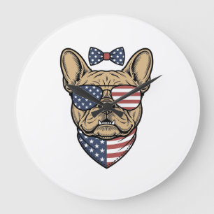Reloj Redondo Grande Arte vectorial de Bulldog Francés Patriótico Vinta