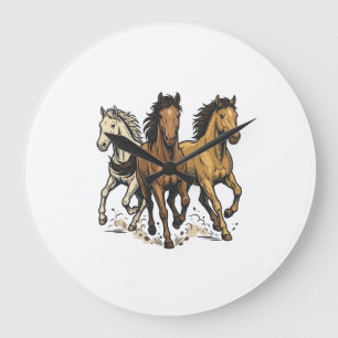Reloj Redondo Grande Arte vectorial de caballos corriendo vintage_1