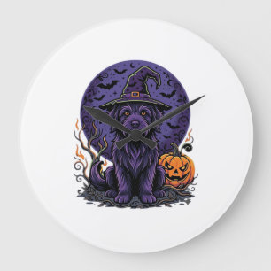 Reloj Redondo Grande Arte vectorial de perro bruja calabaza de Hallowee