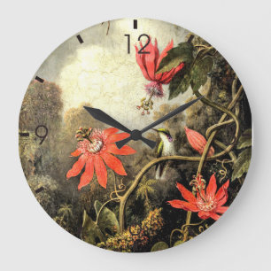 Reloj Redondo Grande Arte vintage de colibrí y flores de la pasión     