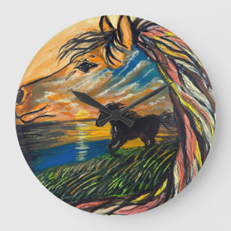 Reloj Redondo Grande Arte Wild Horse Sunset - Obra de arte hecha a mano