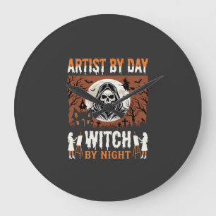 Reloj Redondo Grande Artista de Halloween de Día Bruja de Noche Diseño