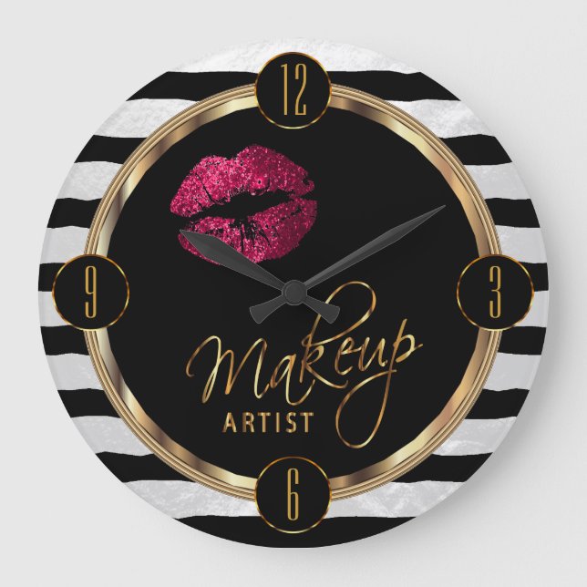 Reloj Redondo Grande Artista de maquillaje labios rosados calientes con (Anverso)