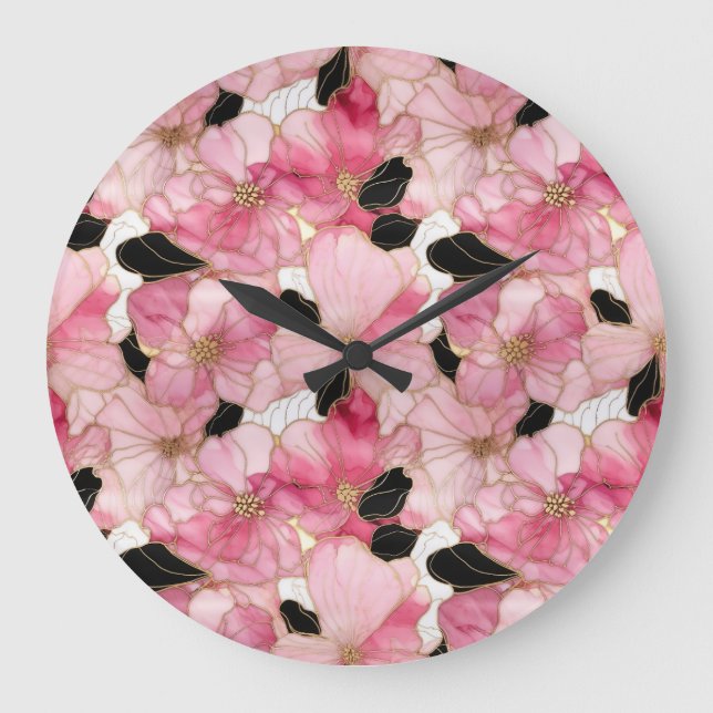 Reloj Redondo Grande Artistic Pink Blooms Black Ink Abstract (Anverso)