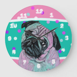 Reloj Redondo Grande Artistic Pug Dog in pink and green turquoise