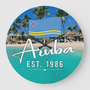 Reloj Redondo Grande "Aruba Este. Playa Con Bandera De 1986"