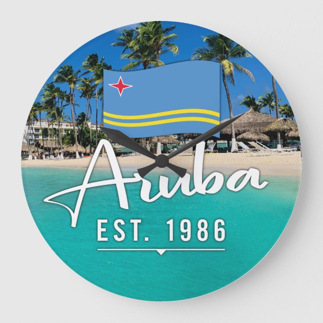 Reloj Redondo Grande "Aruba Este. Playa Con Bandera De 1986" (Anverso)
