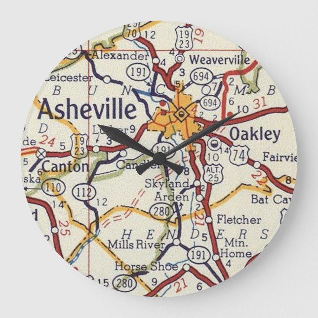Reloj Redondo Grande Asheville Vintage Map (Anverso)