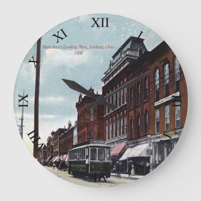 Reloj Redondo Grande Ashland, Ohio Post Card Clock - Main St 1908 (Anverso)