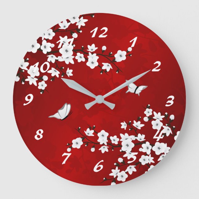 Reloj Redondo Grande Asia Floral White Cherry Blossom Red Numbers (Anverso)