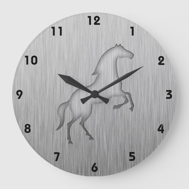 Reloj Redondo Grande Aspecto metalizado cepillado Caballo (Anverso)