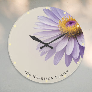 Reloj Redondo Grande Aster Morado Elegante Floral Botánico Personalizad