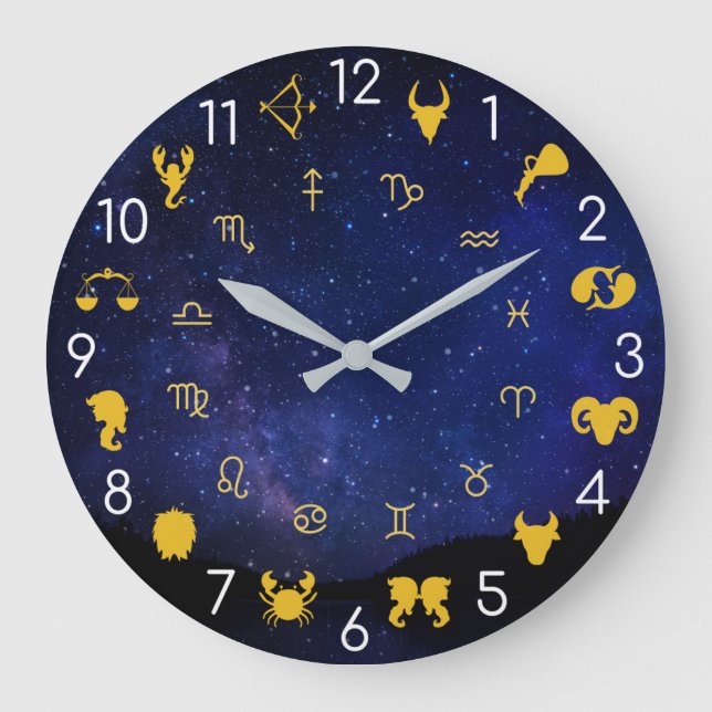 Reloj Redondo Grande Astrología Símbolos Zodiacos Celestiales Azul Y Or (Anverso)