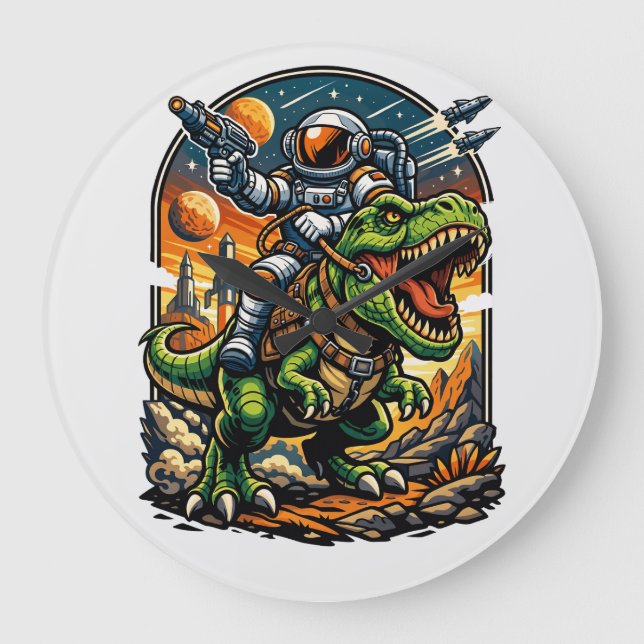Reloj Redondo Grande Astronaut Riding a T-Rex – Epic Space Dinosaur (Anverso)