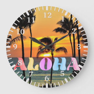 Reloj Redondo Grande Atardecer de la palmera oceánica tropical hawaiana