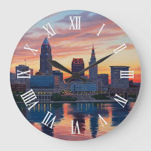 Reloj Redondo Grande Atardecer del horizonte de Cleveland Ohio