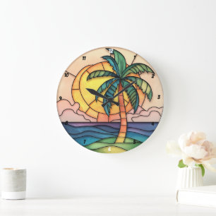 Reloj Redondo Grande Atardecer tropical de vidrio manchado Pastel