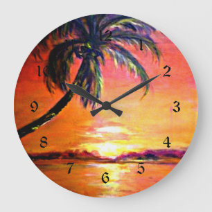 Reloj Redondo Grande Atardecer tropical, pintura artística fina