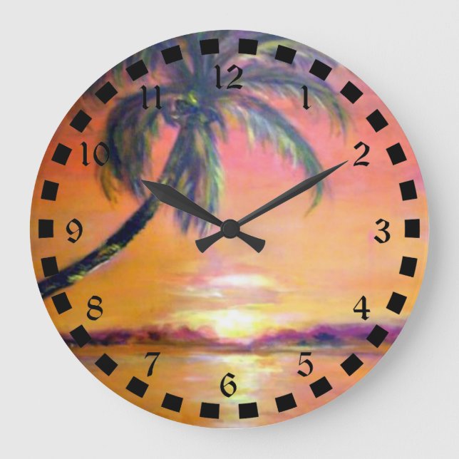 Reloj Redondo Grande Atardecer tropical, pintura artística fina (Anverso)