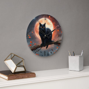 Reloj Redondo Grande Aterrador Halloween Black Cat Moonlight,