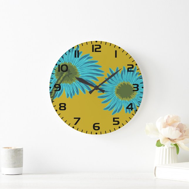 Reloj Redondo Grande Audaz arte de margarita azul sobre fondo amarillo  (Subido por el creador)