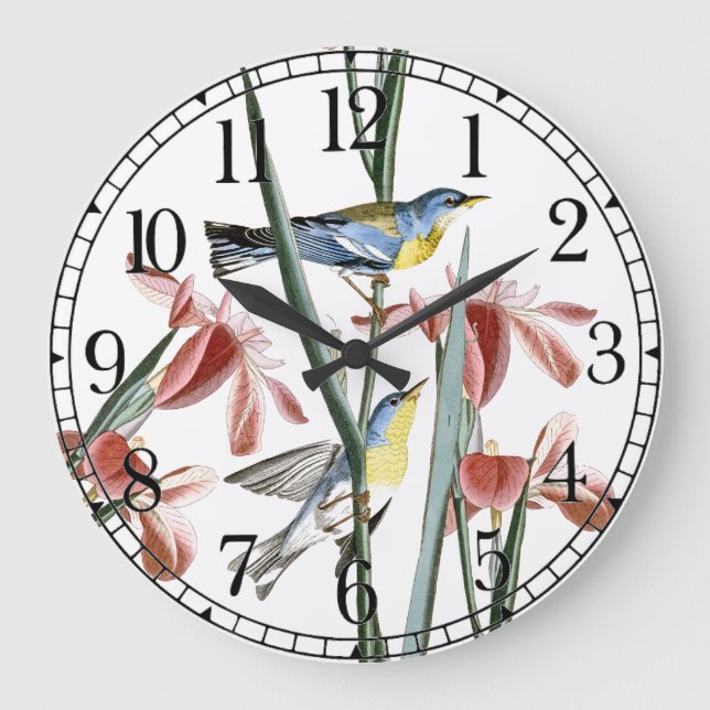 Reloj Redondo Grande Audubon Warbler Birds Willife Floral Wall Clock (Anverso)