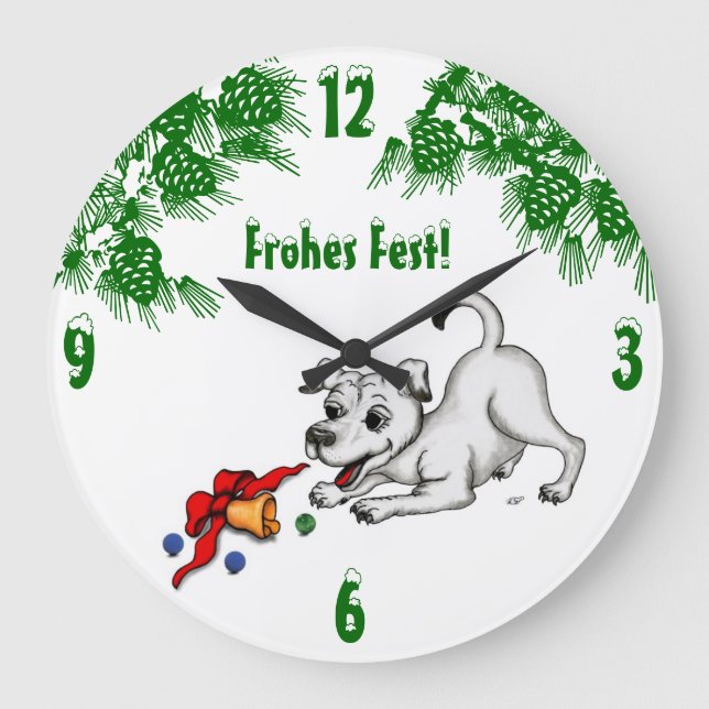 Reloj Redondo Grande auf Deutsch Weihnachten mit Welpe Glocke und Ball (Anverso)