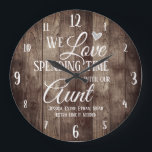 Reloj Redondo Grande Aunt Spending Time with Custom Name<br><div class="desc">Fun family clock with wood plank textured background. We Love spending time with aunt custom grand kids names. Add the kids names at the bottom of the clock for a unique keepsake gift.</div>