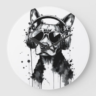 Reloj Redondo Grande Auriculares Guay Dog Mascotas cortos Tinta blanca 