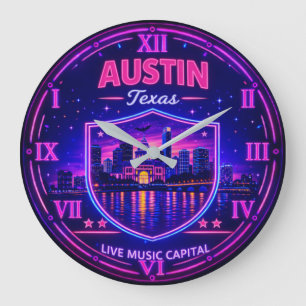 Reloj Redondo Grande Austin Texas Neon Skyline 