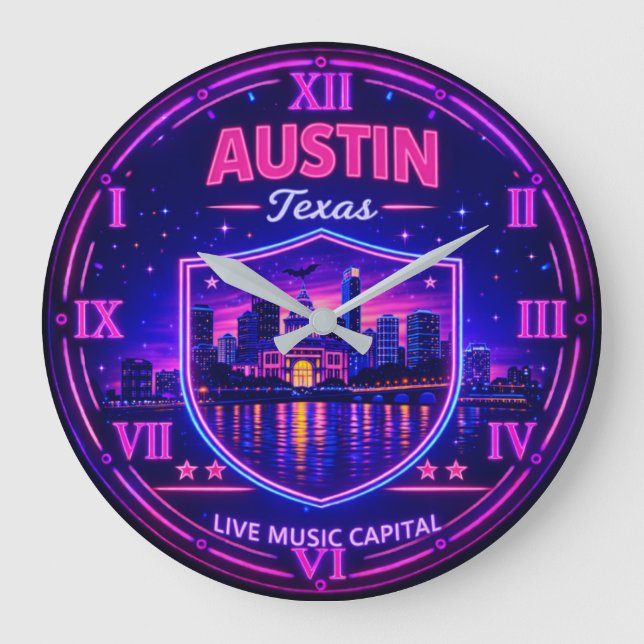 Reloj Redondo Grande Austin Texas Neon Skyline  (Anverso)